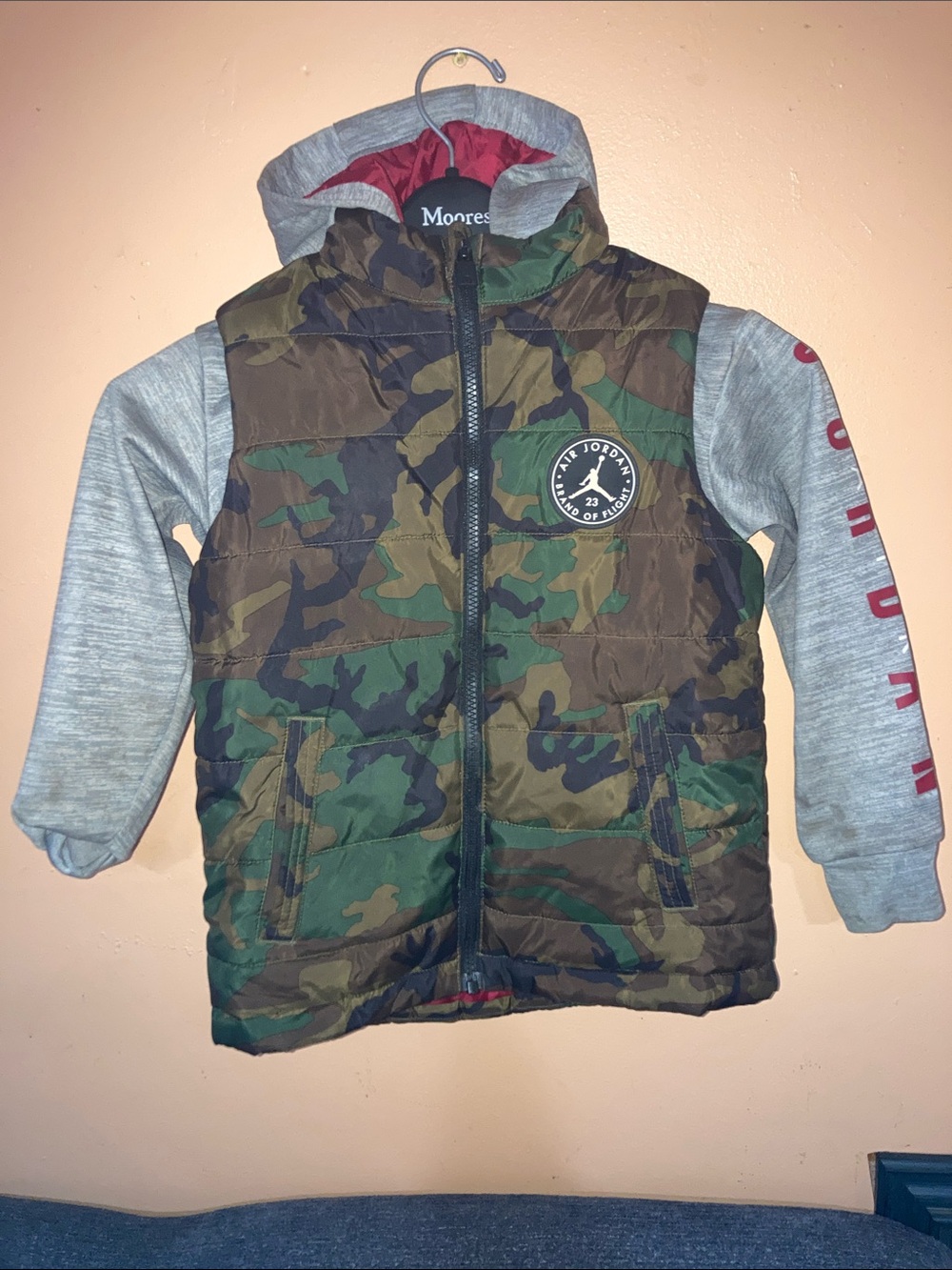 Jordan Kids Camo Puffer Hoodie Jacket with Gray Sleeves